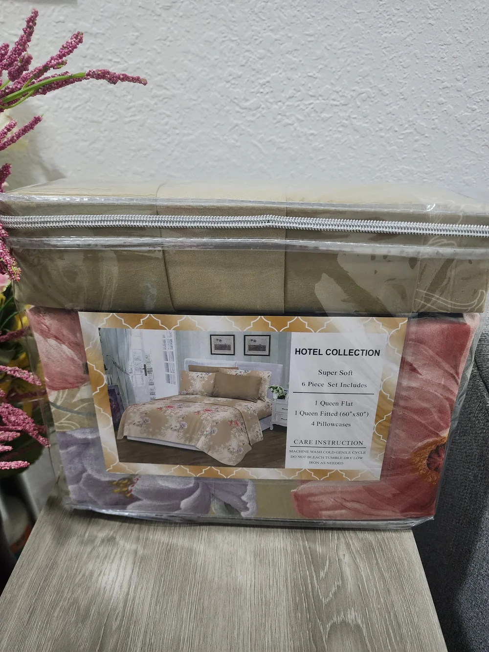 Hotel Collection Olive Bedding Set with Pink and Purple Floral Accents